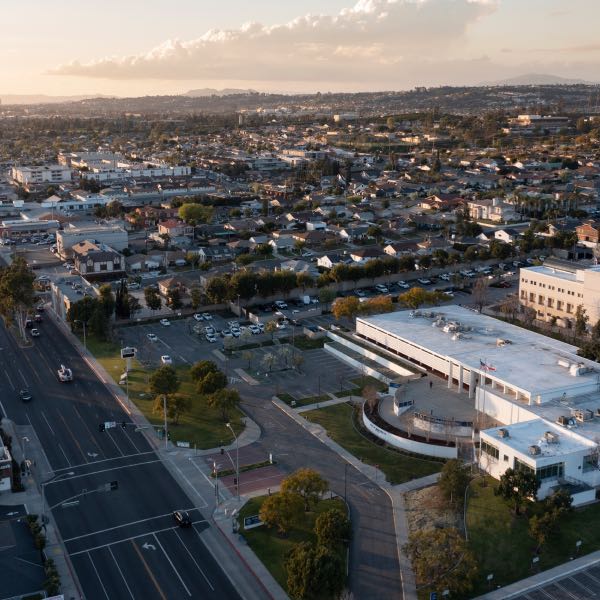 Sunlight shines on the downtown Civic Center and City Hall of Montebello, CA.