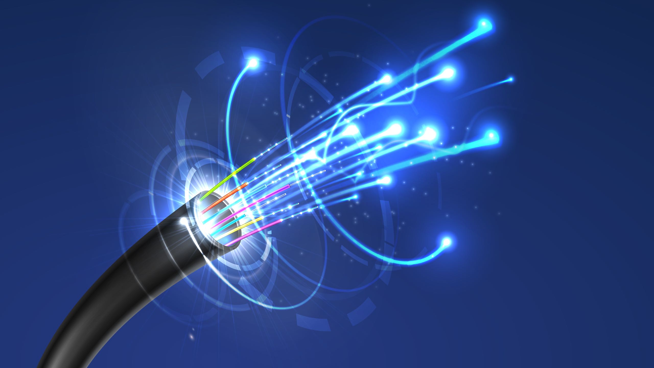 Fiber optic cable technology of internet, network, speed data connection and telecommunication. Multi fiber wire with cores in color jackets and blue neon lines, communication networking.