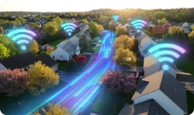 WiFi symbols above homes on a street