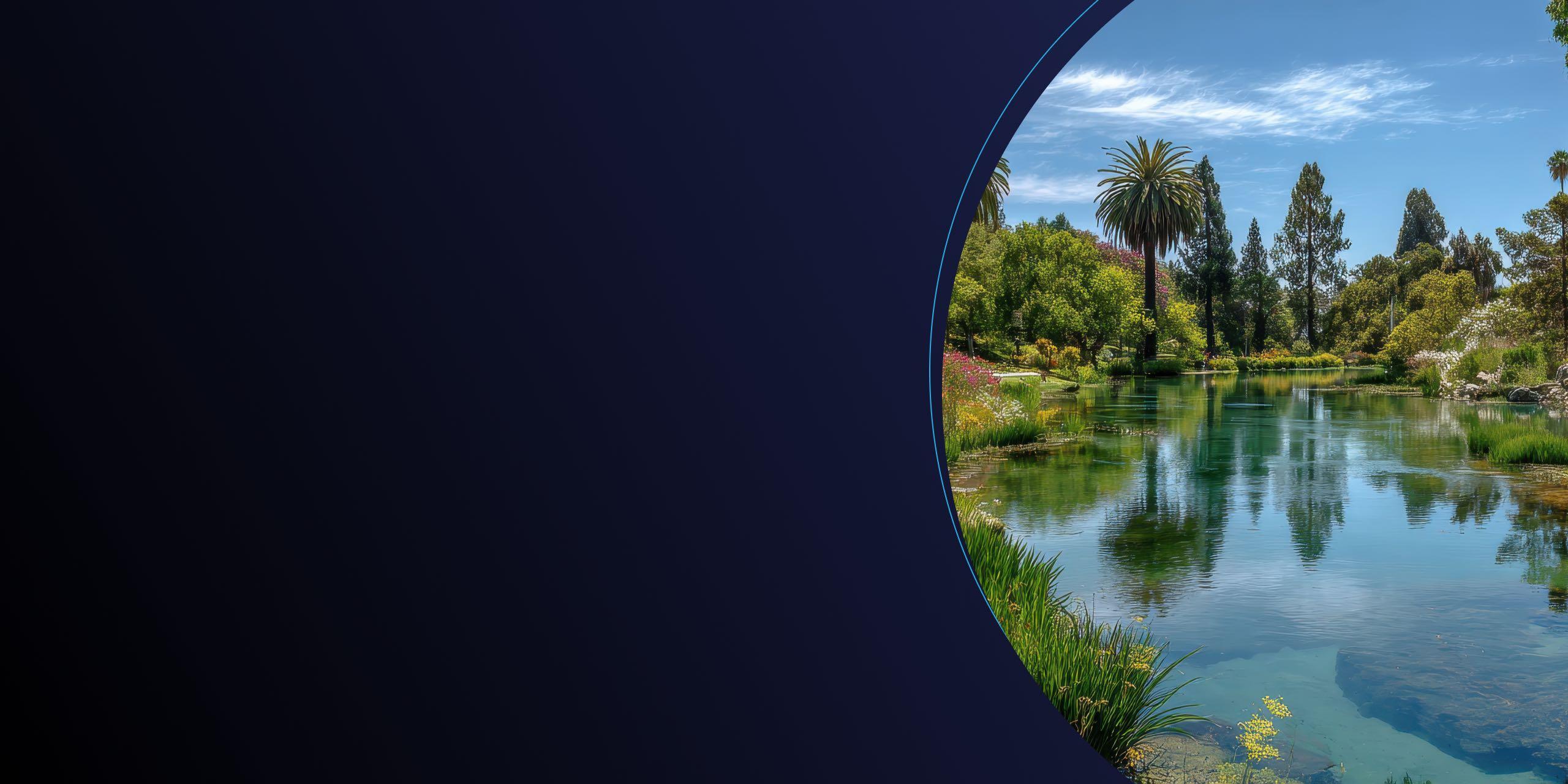 A lagoon in a beautiful spring scene at the Los Angeles County Arboretum in Arcadia California.